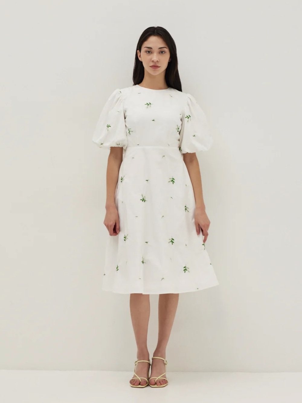 White Midi Dress with Green Floral Embroidery and Puff Sleeves